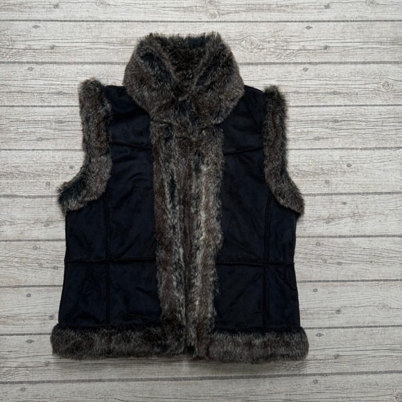 Unbranded Jackets & Blazers - Vintage Faux Suede Vest Women's Medium Black Fur Trim Open Front Boho Plush Chic